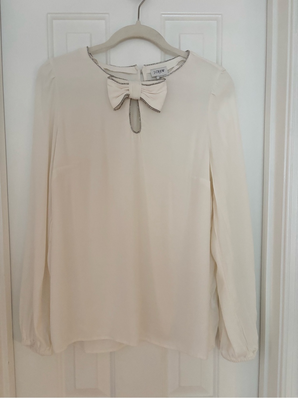 J. Crew Cream Bow-Neck Long-Sleeve Blouse with Rhinestone trim